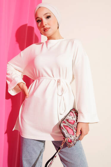 Loyşa Yan Yırtmaçlı Kuşaklı Tunik Ekru - Yılın Fırsatı
