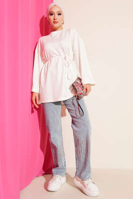 Loyşa Yan Yırtmaçlı Kuşaklı Tunik Ekru - Yılın Fırsatı