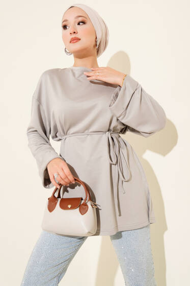 Loyşa Yan Yırtmaçlı Kuşaklı Tunik Gri - Tunik