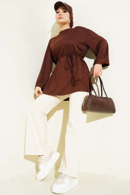 Loyşa Yan Yırtmaçlı Kuşaklı Tunik Kahve - Tunik