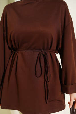 Loyşa Yan Yırtmaçlı Kuşaklı Tunik Kahve - Tunik