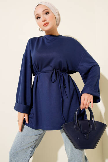 Loyşa Yan Yırtmaçlı Kuşaklı Tunik Lacivert - Tunik