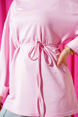 Loyşa Yan Yırtmaçlı Kuşaklı Tunik Pembe - Tunik