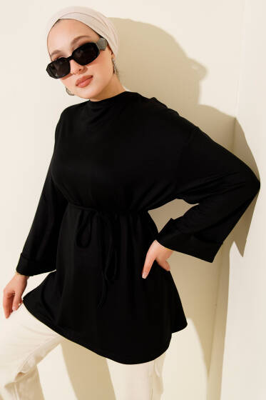 Loyşa Yan Yırtmaçlı Kuşaklı Tunik Siyah - Tunik