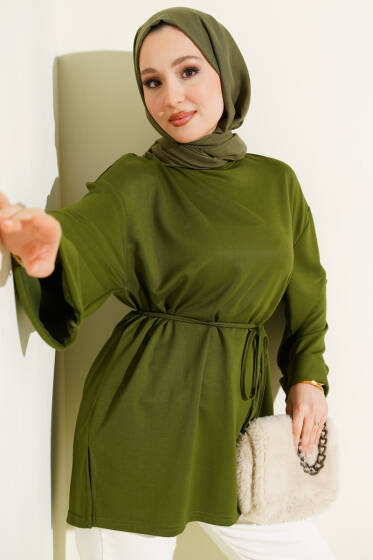 Loyşa Yan Yırtmaçlı Kuşaklı Tunik Yeşil - Tunik