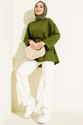 Loyşa Yan Yırtmaçlı Kuşaklı Tunik Yeşil - Tunik