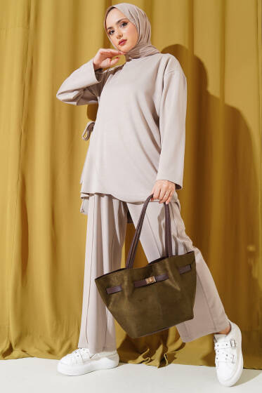Loyşa Yandan Bağlamalı Çımalı İkili Takım Bej - İkili Takım