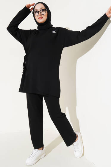 Loyşa Yanı İp Bağlamalı İkili Takım Siyah - İkili Takım