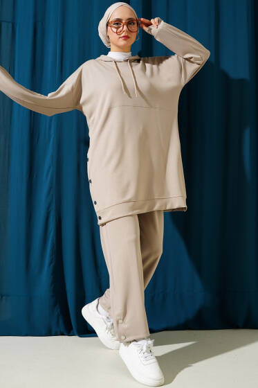 Loyşa Yanları Çıtçıtlı İkili Takım Bej - İkili Takım