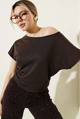 Loyşa Yarasa Kollu Bluz Kahve 