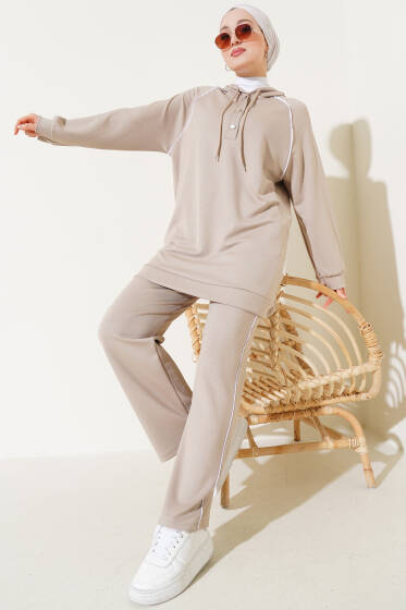 Loyşa Yarım Çıtçıtlı Kapüşonlu İkili Takım Bej - İkili Takım
