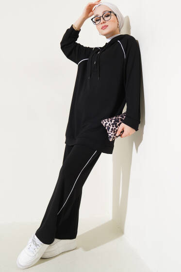 Loyşa Yarım Çıtçıtlı Kapüşonlu İkili Takım Siyah - İkili Takım