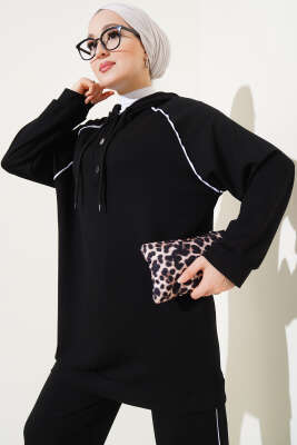 Loyşa Yarım Çıtçıtlı Kapüşonlu İkili Takım Siyah - İkili Takım