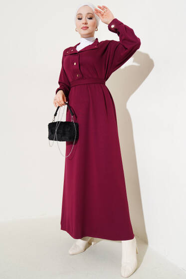 Loyşa Yarım Çıtçıtlı Kuşaklı Elbise Bordo - Elbise
