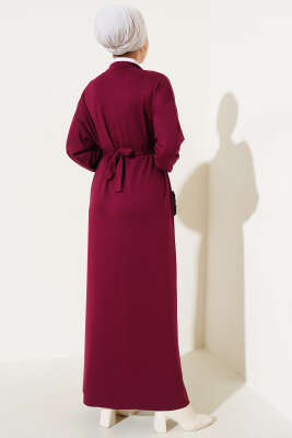 Loyşa Yarım Çıtçıtlı Kuşaklı Elbise Bordo - Tesettür Elbise