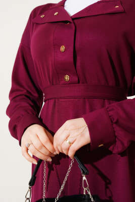 Loyşa Yarım Çıtçıtlı Kuşaklı Elbise Bordo - Tesettür Elbise