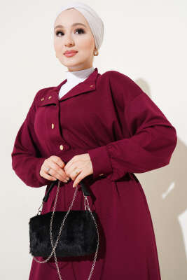 Loyşa Yarım Çıtçıtlı Kuşaklı Elbise Bordo - Tesettür Elbise