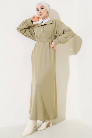 Loyşa Yarım Çıtçıtlı Kuşaklı Elbise Çağla Yeşili - Elbise