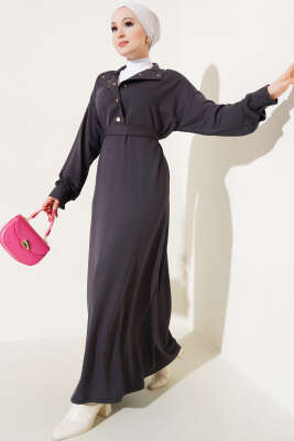 Loyşa Yarım Çıtçıtlı Kuşaklı Elbise Füme 
