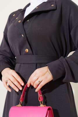 Loyşa Yarım Çıtçıtlı Kuşaklı Elbise Füme - Tesettür Elbise