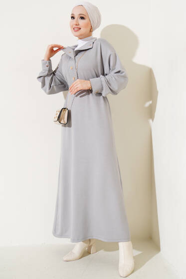 Loyşa Yarım Çıtçıtlı Kuşaklı Elbise Gri - Elbise