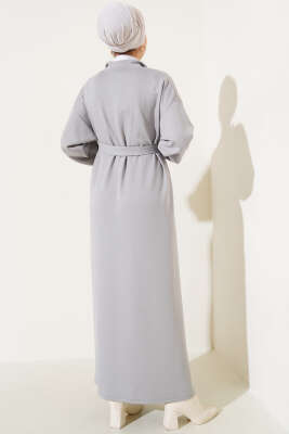Loyşa Yarım Çıtçıtlı Kuşaklı Elbise Gri - Tesettür Elbise