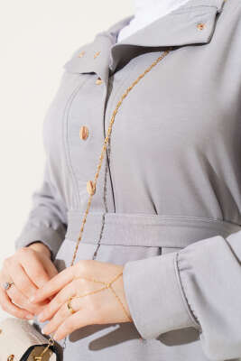 Loyşa Yarım Çıtçıtlı Kuşaklı Elbise Gri - Tesettür Elbise