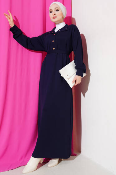 Loyşa Yarım Çıtçıtlı Kuşaklı Elbise Lacivert - Elbise