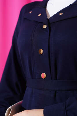 Loyşa Yarım Çıtçıtlı Kuşaklı Elbise Lacivert - Tesettür Elbise