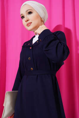 Loyşa Yarım Çıtçıtlı Kuşaklı Elbise Lacivert - Tesettür Elbise