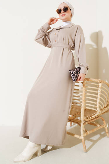 Loyşa Yarım Çıtçıtlı Kuşaklı Elbise Taş - Elbise