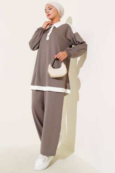 Loyşa Yarım Düğmeli Şerit Detaylı İkili Takım Vizon - İkili Takım