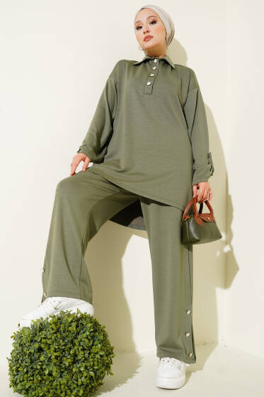 Loyşa Yarım Düğmeli Tunik İkili Takım Çağla Yeşili - İkili Takım