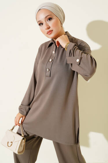 Loyşa Yarım Düğmeli Tunik İkili Takım Vizon - İkili Takım