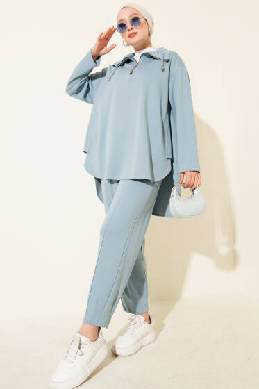 Loyşa Yarım Fermuar Detaylı İkili Takım Bebe Mavi - İkili Takım