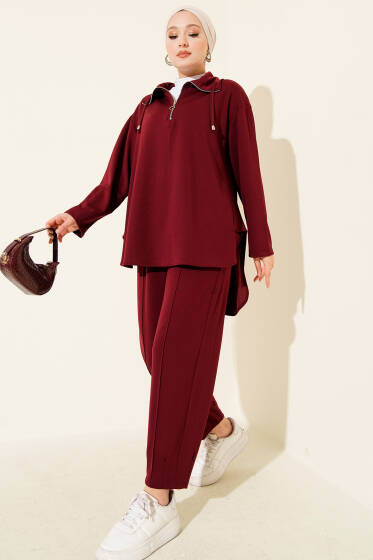Loyşa Yarım Fermuar Detaylı İkili Takım Bordo - İkili Takım