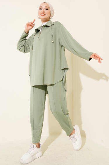 Loyşa Yarım Fermuar Detaylı İkili Takım Çağla Yeşili - İkili Takım
