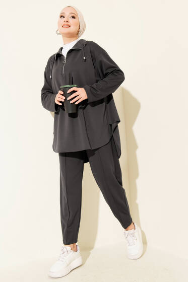 Loyşa Yarım Fermuar Detaylı İkili Takım Füme - İkili Takım