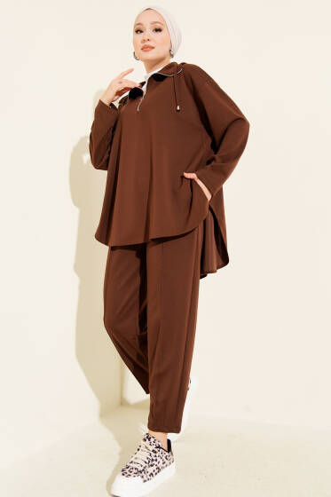 Loyşa Yarım Fermuar Detaylı İkili Takım Kahve - İkili Takım