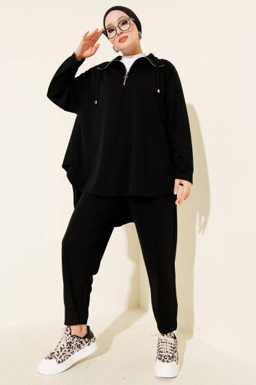 Loyşa Yarım Fermuar Detaylı İkili Takım Siyah - İkili Takım