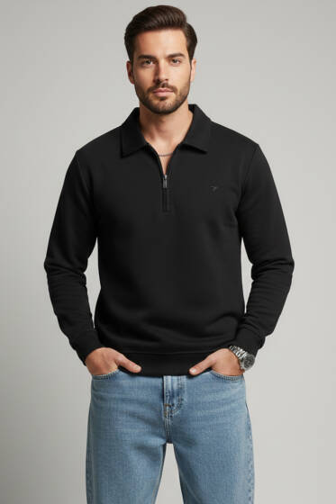Loyşa Yarım Fermuar Erkek Sweatshirt Siyah - Erkek Sweatshirt