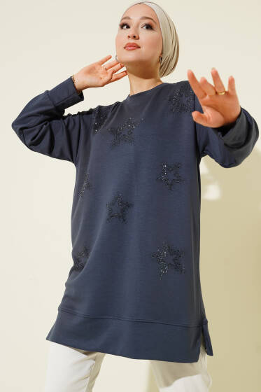Loyşa Yıldız Taşlı Tunik Füme - Tunik