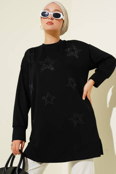 Loyşa Yıldız Taşlı Tunik Siyah - Tunik