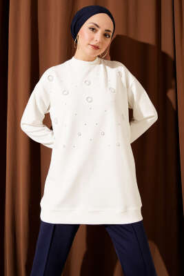 Loyşa Yuvarlak İncili Tunik Ekru - NEVA MODA