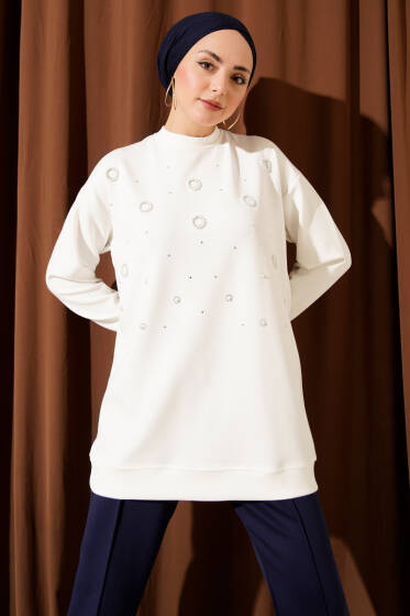 Loyşa Yuvarlak İncili Tunik Ekru - Tunik