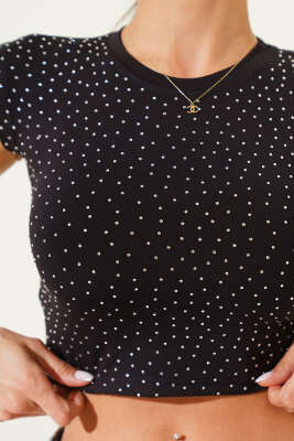 Loyso Önü Taşlı Crop Siyah - Kadın Giyim Modelleri