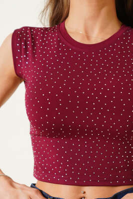 Loyso Önü Taşlı Crop Vişne - Kadın Giyim Modelleri