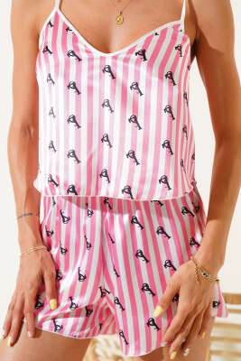  LS Baskılı Askılı Saten Pijama Takımı Çizgili Pembe - Pijama