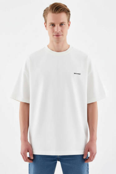Machinist Nakışlı Oversize Erkek T-shirt Ekru - Erkek T-shirt