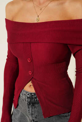 Madonna Yaka Düğmeli Bluz Bordo - Kadın Giyim Modelleri